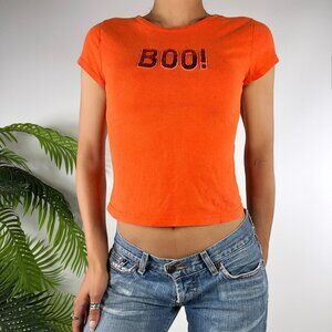 Vintage Y2K Orange Boo! Sequin Casual Short Sleeve Cropped T-Shirt Baby Tee / XS